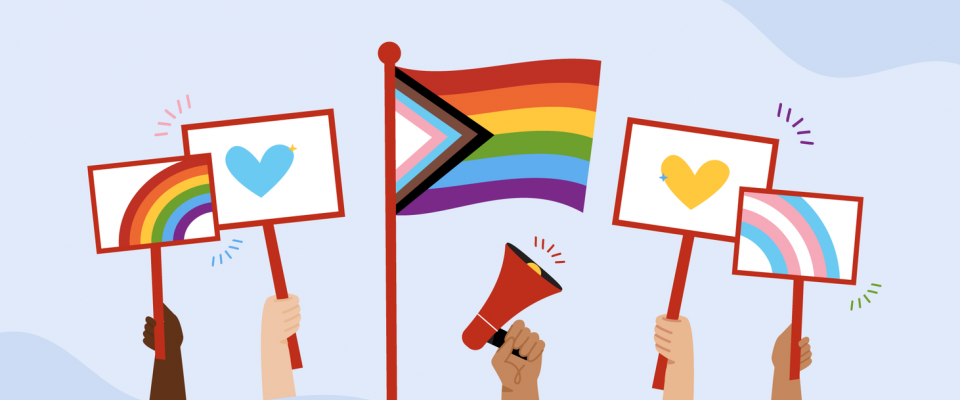Different coloured hands holding pride, heart and rainbow flags