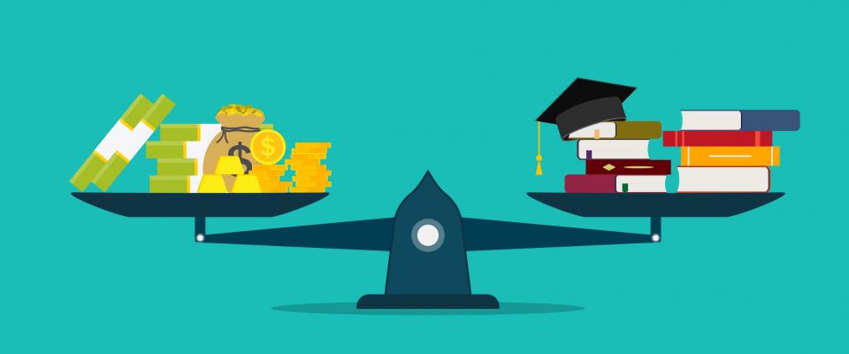 Graphic image of balance scale with university text books and tools on one side and large amounts of cash on the other.